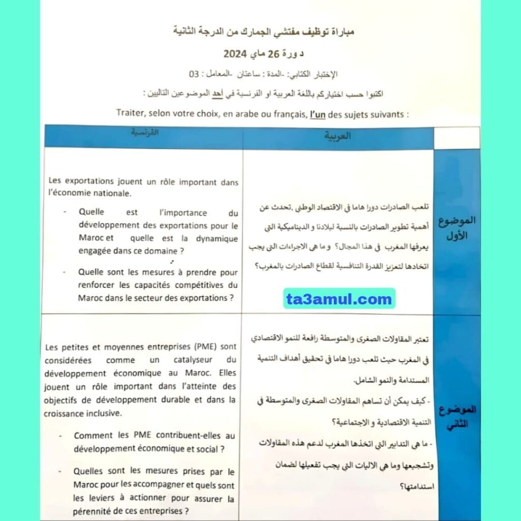 نموذج الامتحان الذي أُجري لتوظيف مفتشي الجمارك من الدرجة الثانية في عام 2024