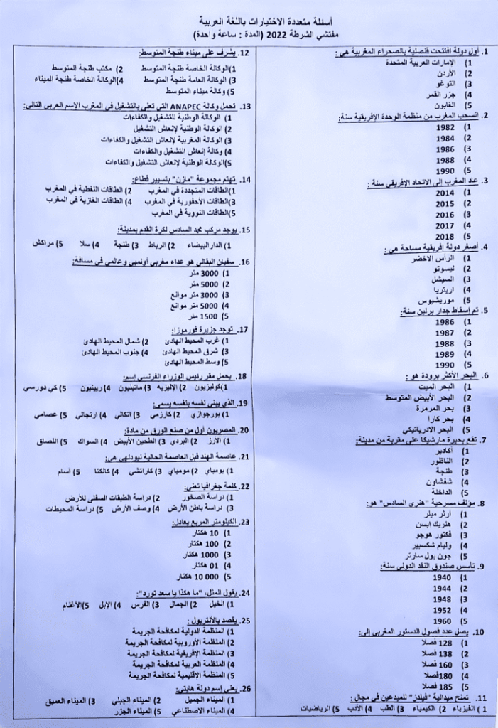 نموذج امتحان مفتشي الشرطة 2022
